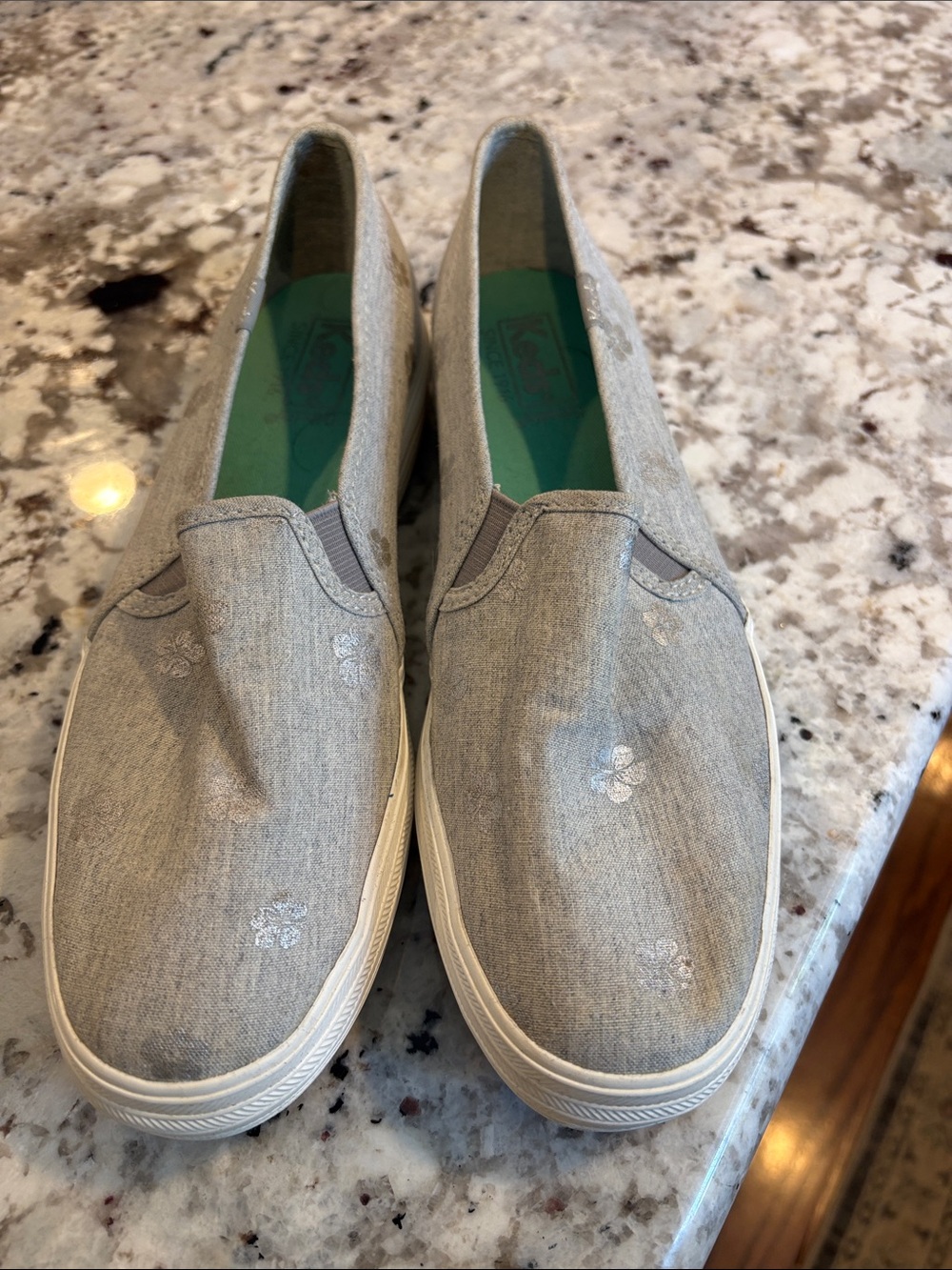Keds Light Gray Canvas Slip-On Loafers with Subtle Floral Detail